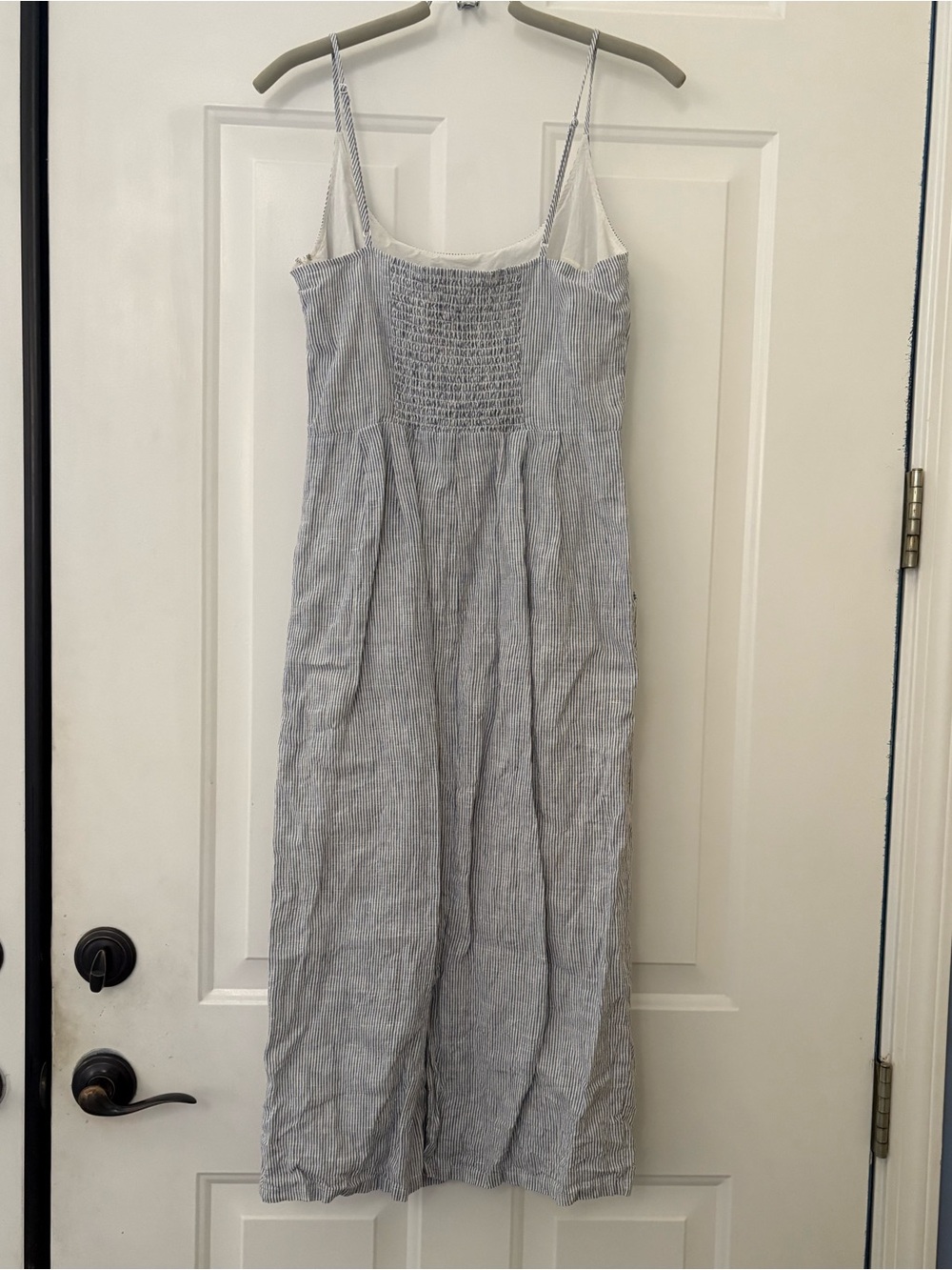 Quince European Linen Scoop Neck Midi Dress Pockets Blue Pinstripe Women's S - Picture 2 of 9